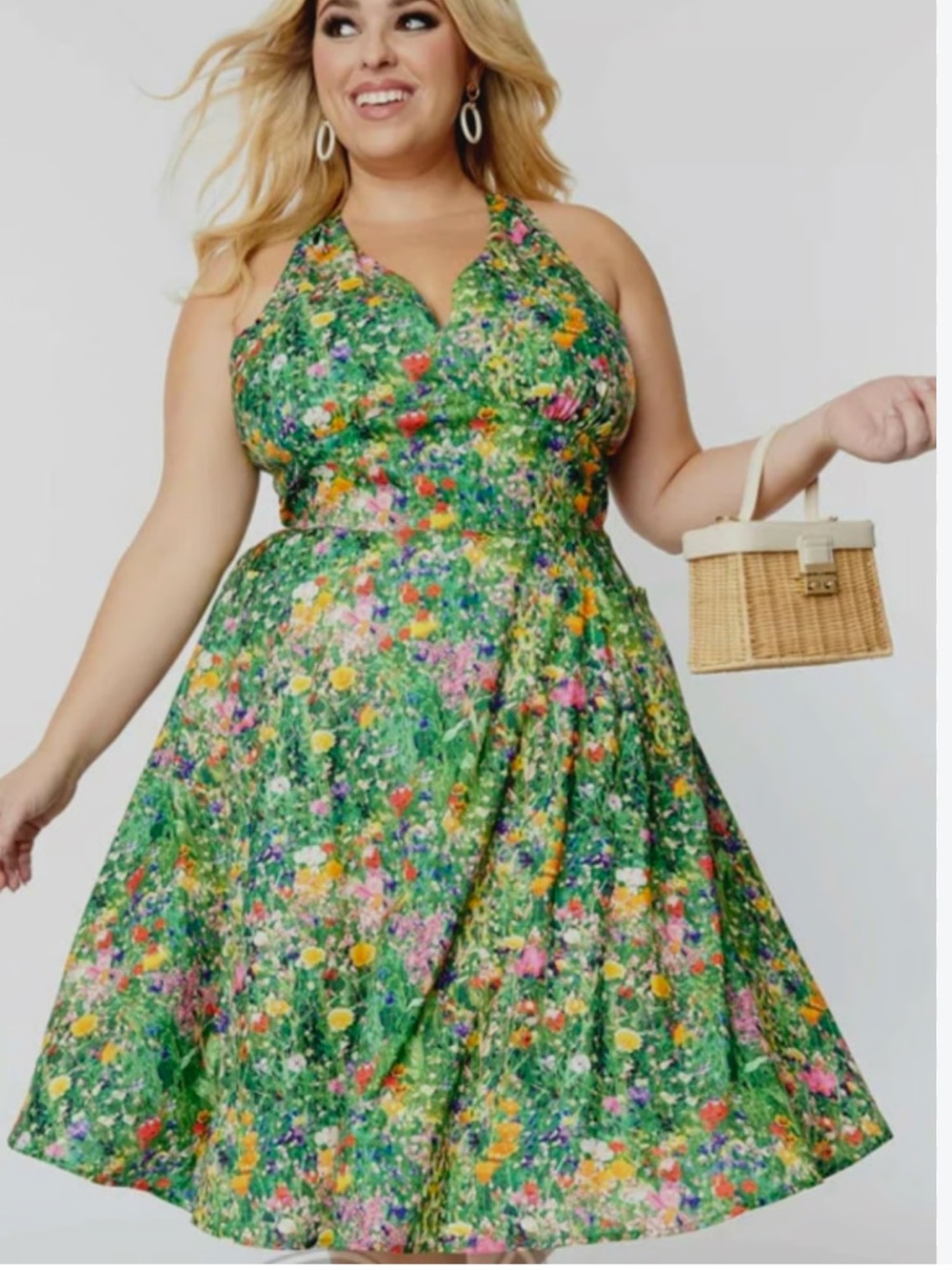 Unique Vintage Green Floral Halter Midi Dress